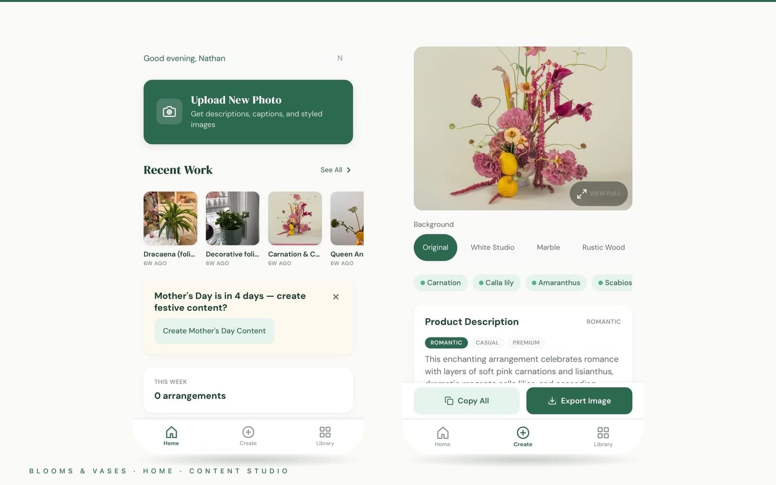 Blooms & Vases — Home dashboard and Content Studio screens, side by side, showing real flower arrangements turned into product copy